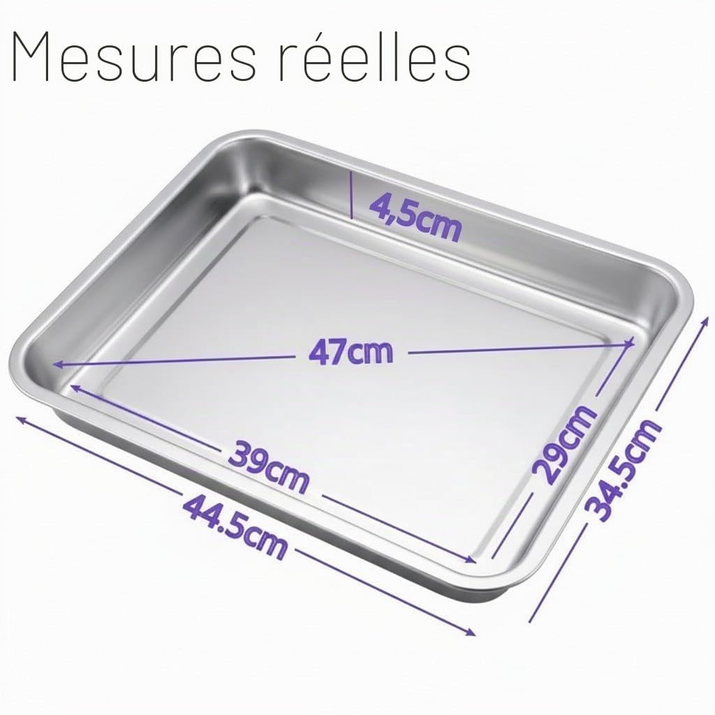 Plat de cuisson professionnel en acier inoxydable – Antiadhésif et résistant – Taille 45 x 35 x 4,8 cm – Idéal pour la cuisson et le service