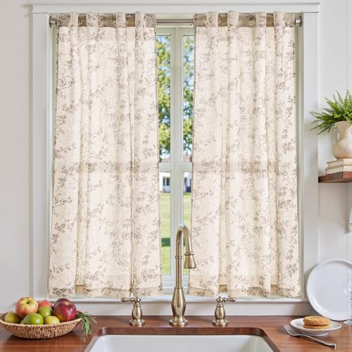 jinchan Floral Linen Kitchen Tier Curtains, 54 Inch, 2 Panels, Taupe