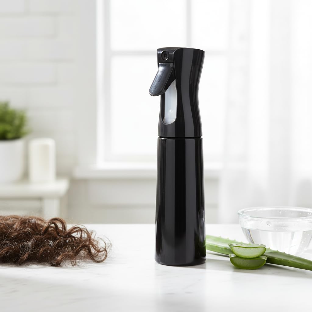 plastic hair spray bottle continuous water mister, refillable empty mist water sprayer bottle mist trigger sprayer for taming hair in morning - 300ml, (black)
