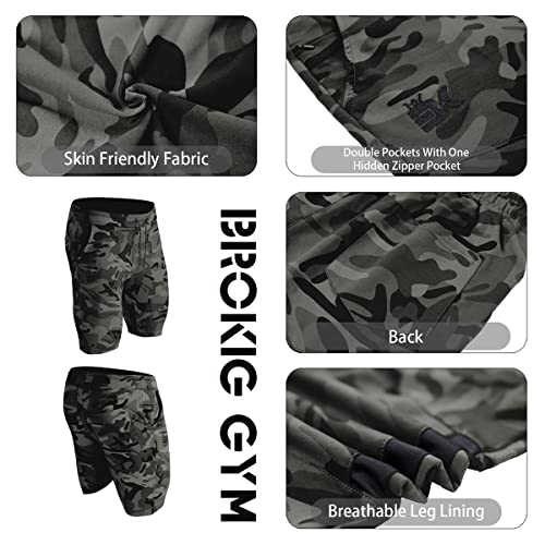 Brokig Mens Thighs Mesh Gym Bodybuilding Shorts, Slim Fit Stretch Athletic Workout Running Shorts For Men With Zipper Pocket(Camo Green,Large) #TOP4