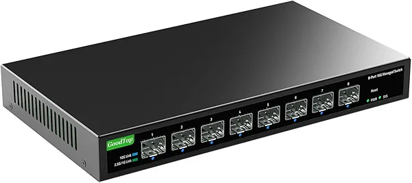 GoodTop 8 Port 10Gb Smart Web Managed SFP+ Switch,10G Optical Easy Managed SFP+ Ethernet Switch,Metal Fanless Home Lab Network Switch with Link Aggregation/QoS/VLAN/DHCP Client, Black, GT-SWTXG8FM