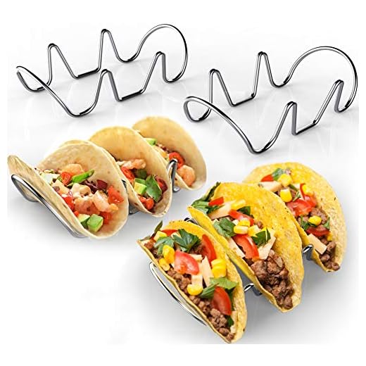Premium Taco Holders - 4 Pack Stainless Steel Taco Stands - Holds 12 Tacos - Fits Most Plates - Oven & Dishwasher Safe - Stackable Trays - Racks Hold Hard Shell Tacos