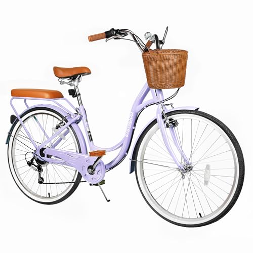 EISYROOD 26 Inch Beach Cruiser Bike for Women, 7 Speed, Adjustable Seat, Lightweight with Anti-Skid Tires, V-Brakes, Multi Colors (Double Bar, Pink) (Blue)