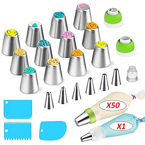 Spritztüllen Set, Professionelle Edelstahl Russische Düse, Silikon Spritzbeutel, Cupcake Dekoration Backset, Einweg Spritzbeutel, Backen Liefert, Kuchen und Plätzchen Dekoration (Set1) Cover