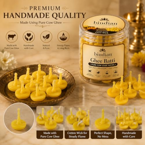 Image of Bindian Pure Cow Ghee Batti for Puja Pack of 100 | Ready to Use Handmade Cotton Ghee Wicks | Long Burning Diya Batti for Daily Puja, Aarti, Mandir, Temple, Diwali & Festivals | 100% Pure Cow Ghee, Smokeless & Non-Toxic, Steady Flame, Cotton Wick, For Puja & Aarti