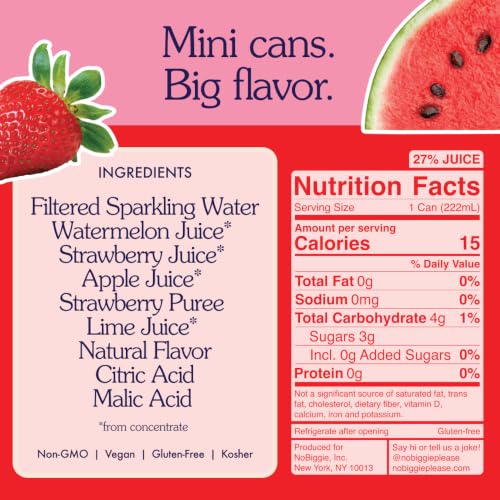 Image of NoBiggie Strawberry Watermelon Sparkling Juice for Kids | 4-Pack Mini Cans | Made with Real Fruit Juices & Purees, 4 x 7.5 fl oz Cans, Only 3g Sugar per Can, No Added Sugar, No Artificial Ingredients
