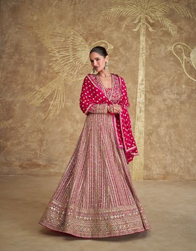 Image of Miss Ethnik Women's Pink Chinon Stitched Gown with Dupatta Full Sleeve Embroidered Anarkali Gown (ME-1275)