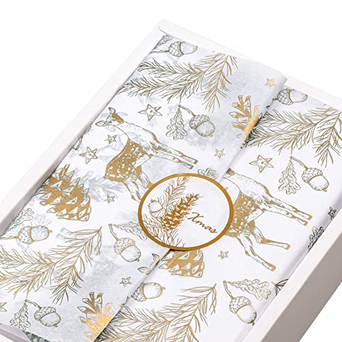 LeZakaa 60 Sheets Christmas Tissue Paper Bulk & 30 Pcs Gift Sticker - Gold Reindeer Design for Gift Boxes, Flowers Bottles (13.8 inch x 19.7 inch)