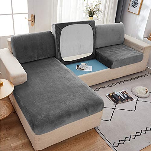 CAMZ Velvet Stretch Sofa Cushion Cover for Individual Cushion L Shaped Sofa Chaise Longue Sofa Slipcover for 1 2 3 Cushion Couch (Gray,loveseat(2pcs))