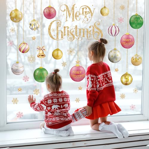 Jarthenaamcs J5020 9 Sheets Merry Christmas Window Cling Stickers Watercolor Xmas Ball Ornament Double-Sided Reusable Window Decals thumb #2