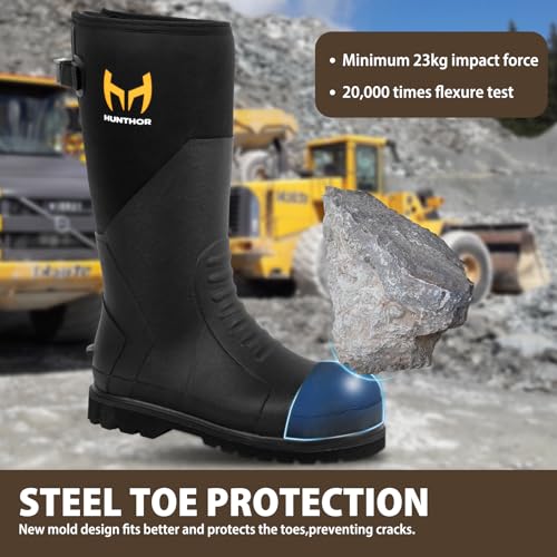 Rubber Work Boots, Puncture-Proof with Steel Toe & Shank, Lightweight Waterproof Anti Slip EVA Outsole Hunting Boots for Men, 6mm Neoprene for Construction, Manufacturing or Farming(Size 6-14)2