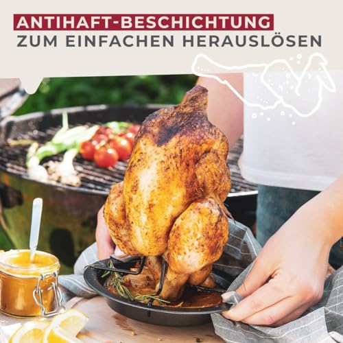 Foto von Fackelmann Hähnchenbräter für Backofen & Grill – Hähnchen Halter inlkusive Abtropfschale für saftige Grillhähnchen – Geflügelhalter für BBQ