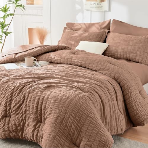 Image of HYMOKEGE Mocha Mousse Full Size Comforter Sets Seersucker 7 Pieces, All Season Luxury Bed in a Bag for Bedroom, Bedding Set with Comforter, Sheets, Pillowcases & Shams