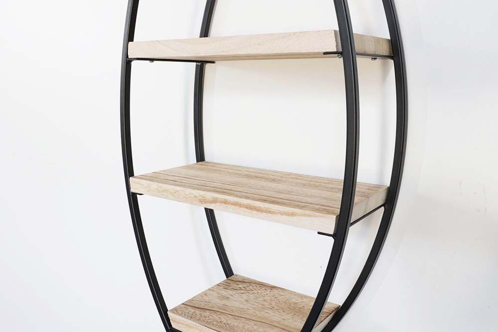 IVOL Design Metall Wandregal - Schwarz - Oval mit 4 Holzböden (36 x 80 cm)