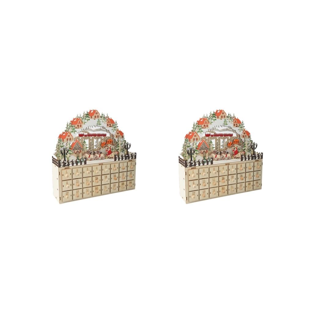 Weihnachts-Adventskalender aus Holz, beleuchtet mit 24 Schubladen, 2 Stück