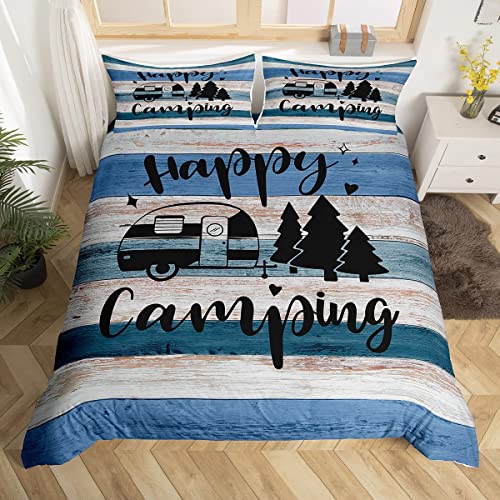 richhome Camping Truck Bedding Set for Youth TeensNavy Blue Stripes Barn Comforter Cover bedding & linen Duvet Cover Boys GirlsCamper Happy Travelling Printed Bedspread Cover King Size