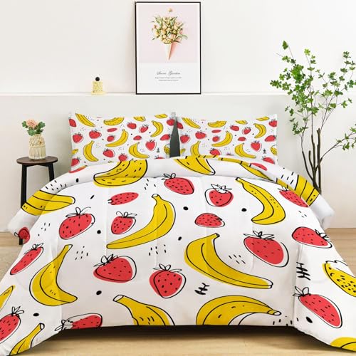 Srigzcaly Edredón Nórdico 200x200cm 4 Estaciones - Relleno de Fibra 200gr/m2, Plátano Fresa Frutas Minimalistas Dibujadas Mano Suave Transpirable Ligero y Cálido para Invierno, Blanco