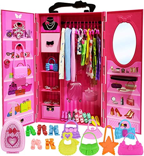 ZITA ELEMENT Doll Closet Wardrobe for 11.5 Inch Girl Doll Clothes and Accessories Storage - Lot 101 Items Including Wardrobe, Trunk, Casual Wear, Dress, Swimsuits, Hangers, Shoes, Bags and Necklaces - Thumbnail 6