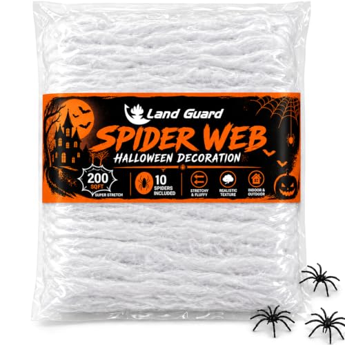 Land Guard 200 sqft Spider Web, Bonus with 10 Artificial Spiders, Fabric Spider Webbing, Cobweb Halloween Decor for Indoor and Outdoor Party Supplies