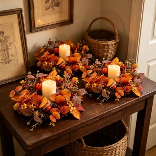 Image of 4 PCS Fall Candle Ring Wreaths Artificial Autumn Eucalyptus Candle Wreath with Leaves Berries Flowers Thanksgiving Farmhouse Harvest Wreath Candle Holder for Pillar Candles Table Centerpiece Decor