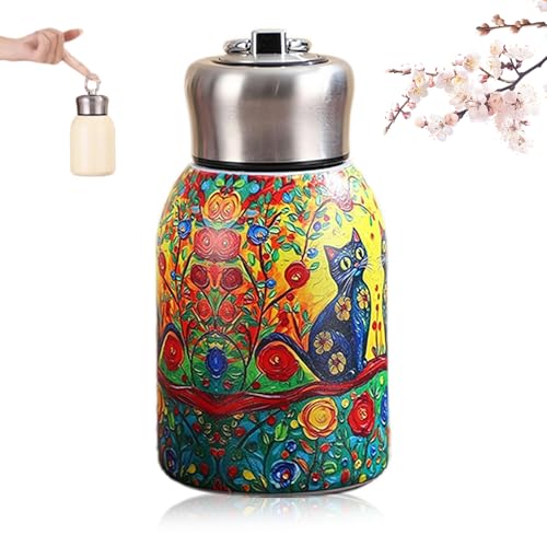 Stainless Steel Small Water Bottle 300ML, Stylish & Portable Mini Insulated Thermal Cup, Vintage Cat Pattern Water Bottle for Hot&Cold Drinks, Heat Resistant Teapot for Gym, Hiking, School, Travel