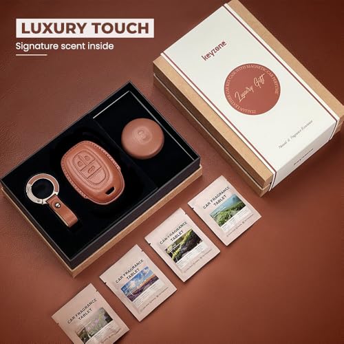 Image of Keyzone Premium Leather Key Cover & AC Vent Car Perfume Combo (4 Fragrances) | Compatible for MG Gloster 3 Button Smart Key. (Brown)