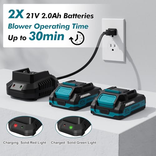 Image of Leaf Blower Cordless - 21V Powerful Electric Leaf Blower with 2 Batteries and Charger, 2 Speed Modes, 2.0Ah Lightweight Battery Powered Leaf Blowers for Lawn Care, Patio, Dust, Blowing Leaves