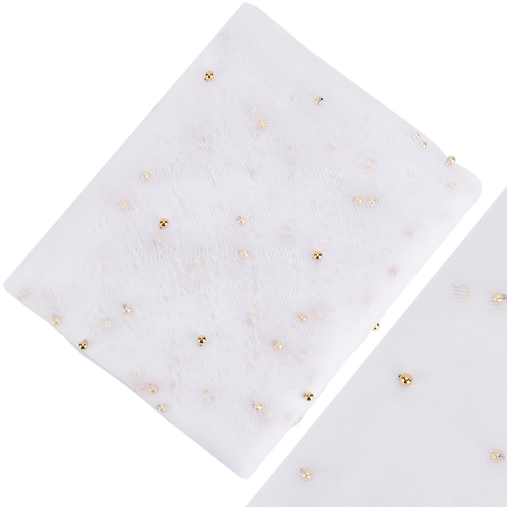 GORGECRAFT 160cm Wide White Tulle Fabric Studded Gold Pearl 2 Yards Soft Lace Mesh Net Table Cloth Tulle for Wedding Dresses Bridal Veil Bows Making Home Party Backdrop Decorations DIY Sewing Crafts
