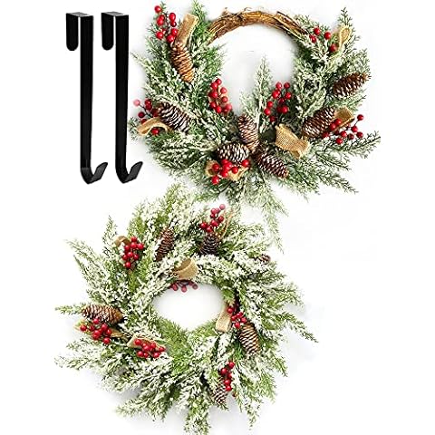 23” Christmas Wreath for Front Door with Hangers, Outdoor Christmas Wreath with Pinecones, Red Berries, Burlap Ribbon & Snowflake, Winter Wreaths Flocked with Mixed Decorations, 2 Pack Cover