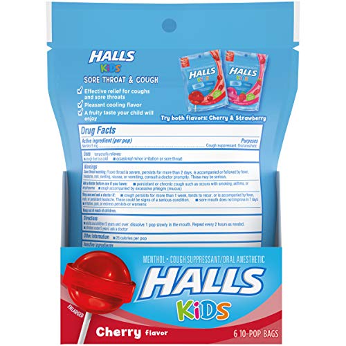 Halls Kids Cherry Cough And Sore Throat Pops - For Children - 60 Pops (6 Bags Of 10 Pops) #TOP4