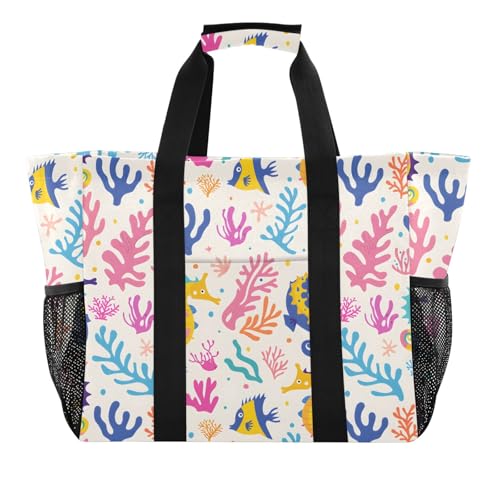 OWFKAY Bolsa de playa, bolsas de compras reutilizables, bolsas de comestibles, impermeables, caballitos de mar, corales, algas, plegables, grandes, con asas