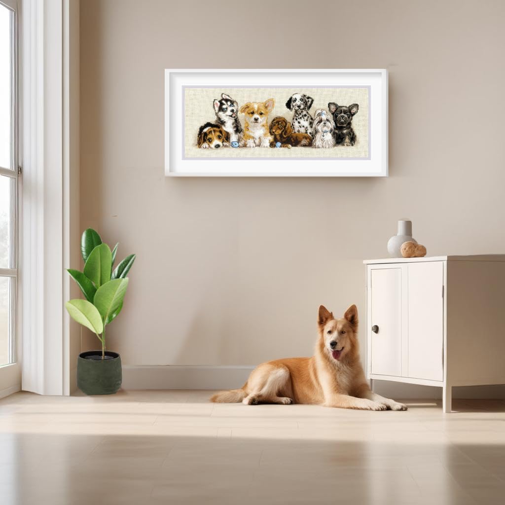RIOLIS - Puppies 2221, Dogs Cross Stitch Kits 15¾"x6, Counted Cross Stitch Kits, Counted Cross Stitch Kits for Beginners & Advanced, Cross Stitching Kits for Adults, Dog Embroidery Kit