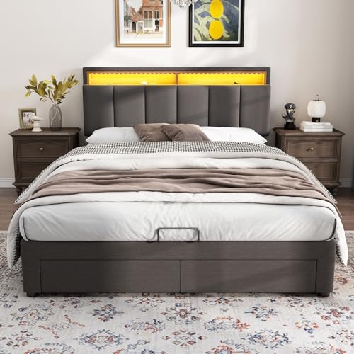 Cama de Matrimonio 140x190 con Luces Led, Cama Tapizada con Almacenaje Hidráulico y Láminas Marco de Cama Hidráulico con Cabecero Tejido de Lino Camas Juveniles, Sin Colchón (F Lino gris, 140x190 cm)
