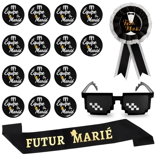 Annhao 17 PCS Décoration EVG Enterrement de Vie de Garçon EVG Homme Accessoire Mariage Badge Futur Marié Écharpe Futur Marié et 14pcs Badges Équipe du Marié Lunettes de Soleil pour Mariage Fiançailles