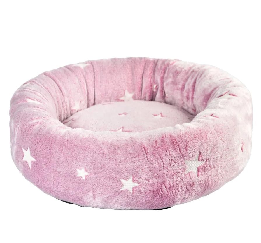 Ferribiella Cuccetta Glow per Cani e Gatti con Stelle e Luna Luminose al Buio, Peluche in Poliestere, Diametro 67 cm, Base Antiscivolo, Misura Medium (Rosa)