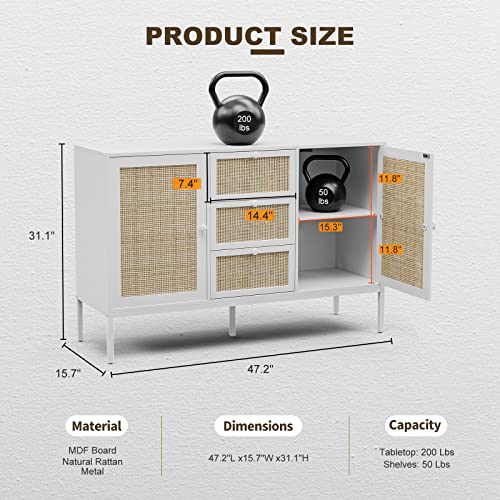 Ikifly Rattan Storage Cabinet, Boho Sideboard Buffet Cabinet With 3 Drawers And 2 Doors, Accent Console Table Cabinet For Living Room, Kitchen, Dining Room, Entryway - White #TOP1