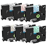 [GRUNDINFORMATION] : 6er Packung Transparent Schriftbandkassette für Brother P-Touch Bänder 12mm TZe-131 TZe-132 TZe-133 TZe-134 TZe-135 TZe-136 | Farbe: Schwarz, rot, blau, gold, weiß, grün auf transparent | Maße: 12mm x 8 m | Typ: standard laminiert