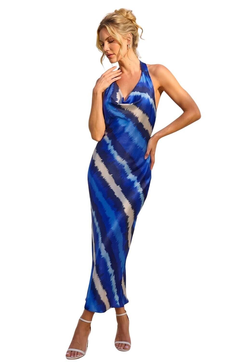 Roman Originals Women's Royal Blue Floral Print Satin Bias Cut Dress For Uk - Everyday Holiday Spring Summer Cowl Neckline Comfy Soft Evening Vacation Work Party - Size 16
