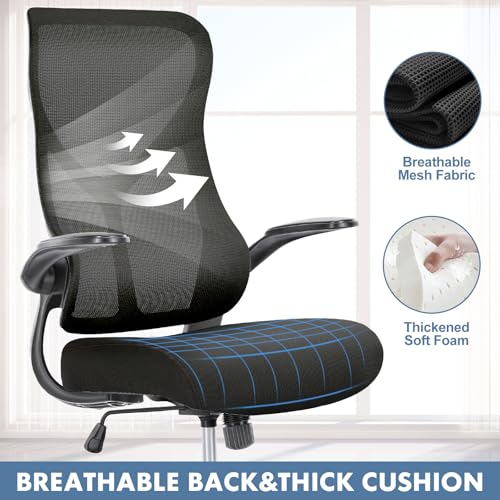 Image of DUMOS Office Managerial Executive Chair with Ergonomic Design, High Back Mesh Computer Desk Chair with Flip-up Armrests, Adjustable Height Swivel Task with Wheels, Comfy Lumbar Support, Black