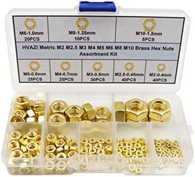 HVAZI 195PCS Metric M2 M2.5 M3 M4 M5 M6 M8 M10 Brass Hex Nuts Assortment Kit