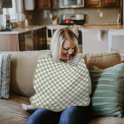Image of Sage Green Car Seat Covers for Babies, Nursing Breastfeeding Covers Stretchy Breathable Baby Carseat Canopy Cover for Girls and Boys Shower Gifts Modern Minimalism Checkered Plaid