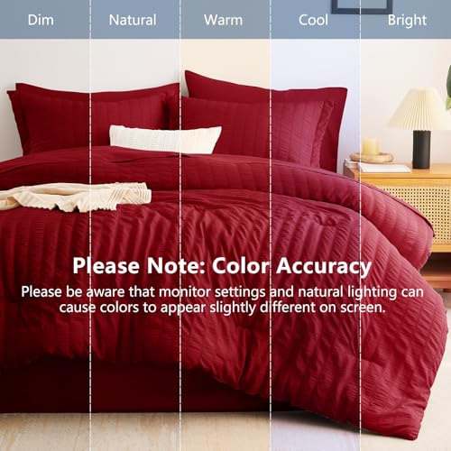 Image of CozyLux Full Size Comforter Sets Dark Red, 7 Pieces Seersucker Textured Luxury Bed in a Bag, All Seasons Soft Bedding Sets with Down Alternative Comforter, Sheets, Pillowcases & Shams, Bedroom Bed Set