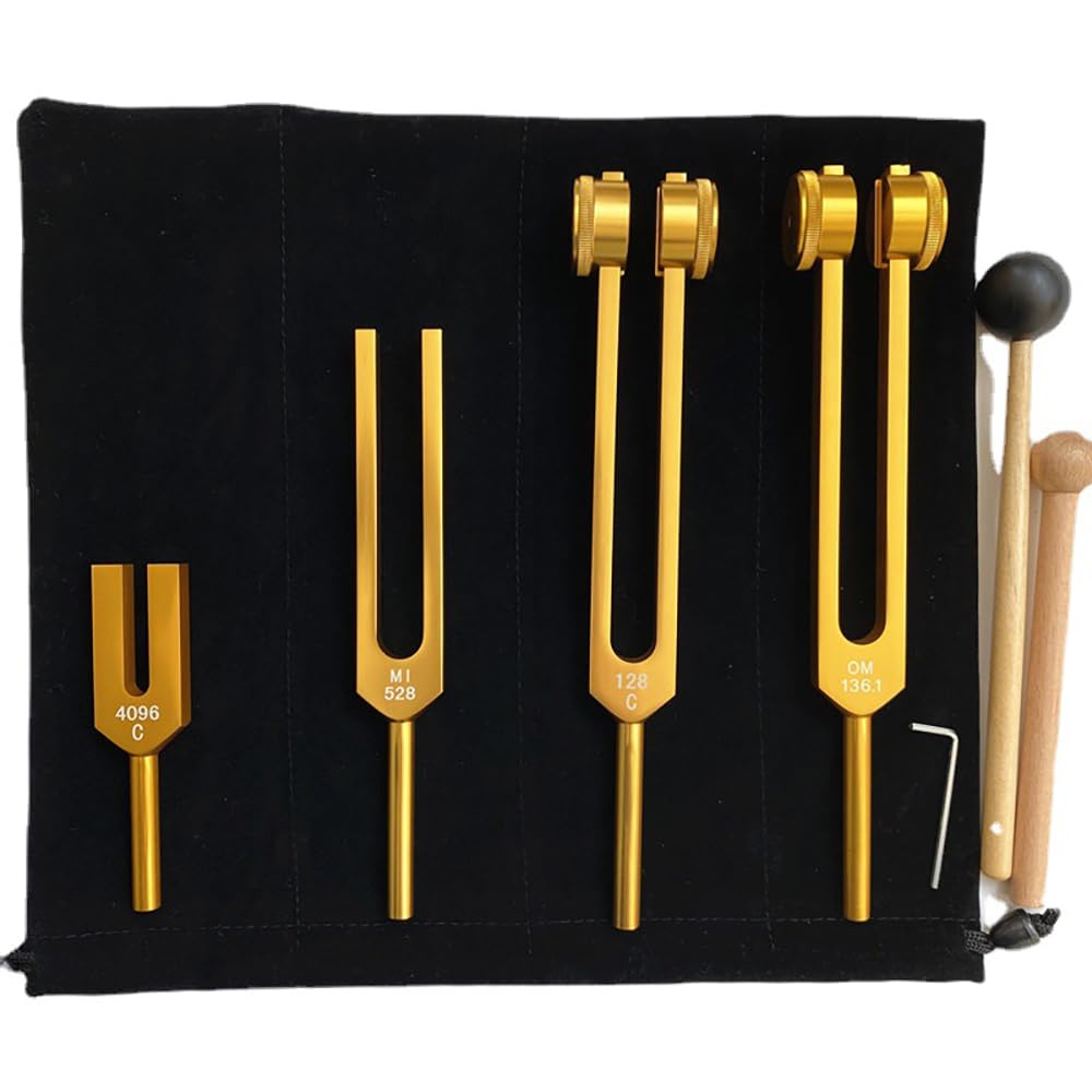 NEWFUN Diapason,Diapason 528 Hz,Juego de 4 diapasones (128 Hz, 136,1 Hz, MI 528 Hz, 4096 Hz) ideal para terapia, para terapia de chakras, terapia de sonido, mantener el cuerpo y la mente relajados