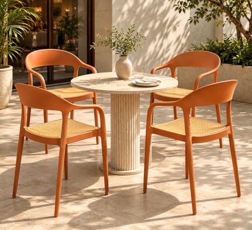 Image of Rattan Style Outdoor Chair | Set of 4 Brown Plastic Arm Chair for Garden, Balcony, Patio & Cafe | Lightweight Weather Resistant Seating | 3 Year Manufacturing Warranty