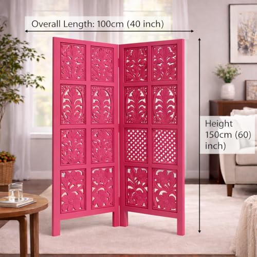 Image of Wooden Room Divider | MDF Privacy Screen Partition | Freestanding Folding Floor Panel | Decorative Carved Handicraft Separator for Living Room, Bedroom & Office (Pink, 5 feet 2 Panels)