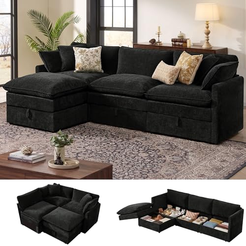 Image of Ihanherry 103 inch Modular Sectional Sofa with Storage, L Shaped Cloud Couch with Movable Ottomans & 4 Pillows, Chenille Deep Seat Sectional Couches for Living Room, Apartment (Black)