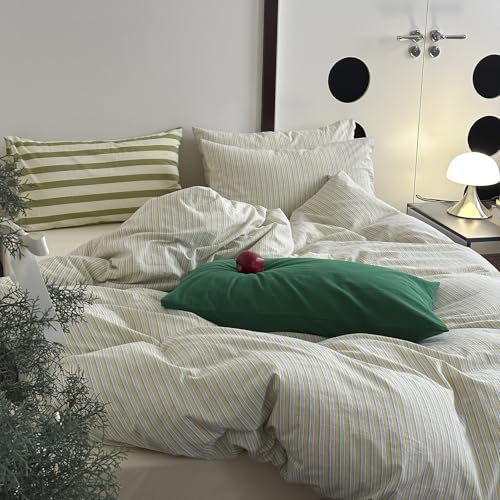 Image of mixinni Vintage Geometric Striped Duvet Cover Set - 3 Piece 100% Washed Cotton Twin XL Size Bedding Set with Matching Pillowcases | Mid-Century Modern Design | Ultra Soft & Breathable-Twin XL Size