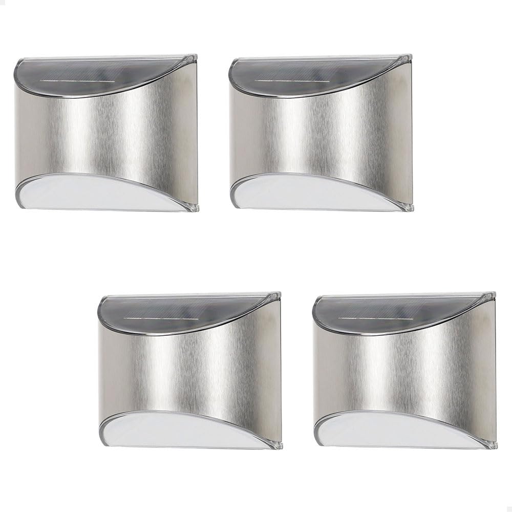 AKTIVE Set of 4 LED Solar Lights, White Light, 5-10 Lumens, Stainless Steel, Wall Light, Waterproof IP44, Up to 8 Hours Battery Life, Outdoor Lighting for Terrace and Balcony (61581)