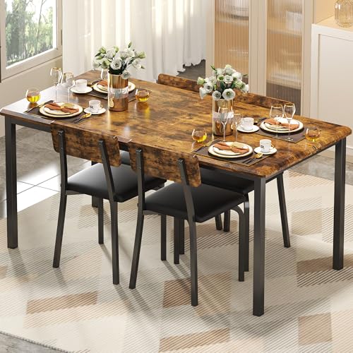 IRONCK 5-Piece 63' Extendable Dining Table with 4 Upholstered Chairs, Kitchen Table Set for 4-8 People, Dining Room Sets with MDF Wood Board, Drop Leaf Table Design for Space Saving, Rustic Brown