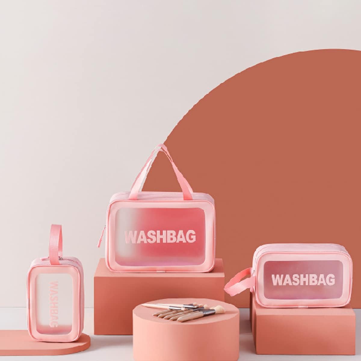 INOVERA (LABEL) 3 Pieces Makeup Organizer Bags - Travel Cosmetic Toiletry Storage Pouch - Water-Resistance Travelling Washbags Vanity Kit for Women, Girls (Rose Gold) 2